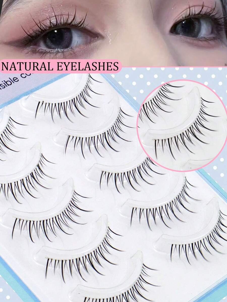 5 Pairs Pointed Tail Wet Manga Style Thick Voluminous Curly Spiky Doll Big Eye False Eyelashes Soft Faux Fur For Date And Daily Wear - Black - View 1