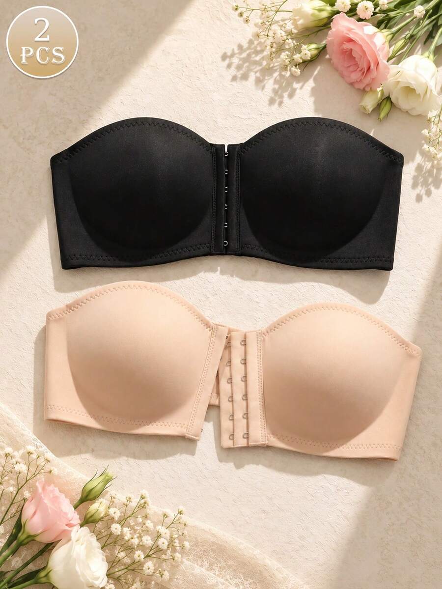 2件組女款前扣式聚攏無肩帶胸罩，防滑無縫透氣舒適無鋼圈支撐厚墊抹胸上衣