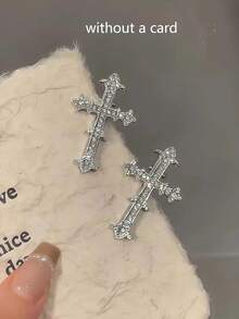 2PCS Y2K Gothic Rhinestone Cross Hair Clips, Sparkly Crystal Hair Barrettes, Edgy Punk Hair Accessories For Halloween Party, Cosplay & Daily Looks - Silver - View 3