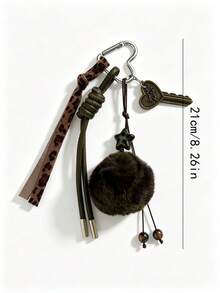 1PC Vintage Brown & Green Colorblock Pom Pom Bag Charm, Leopard Print Woven Strap Retro Key Pendant With Carabiner Backpack Accessory - Multicolor - View 7