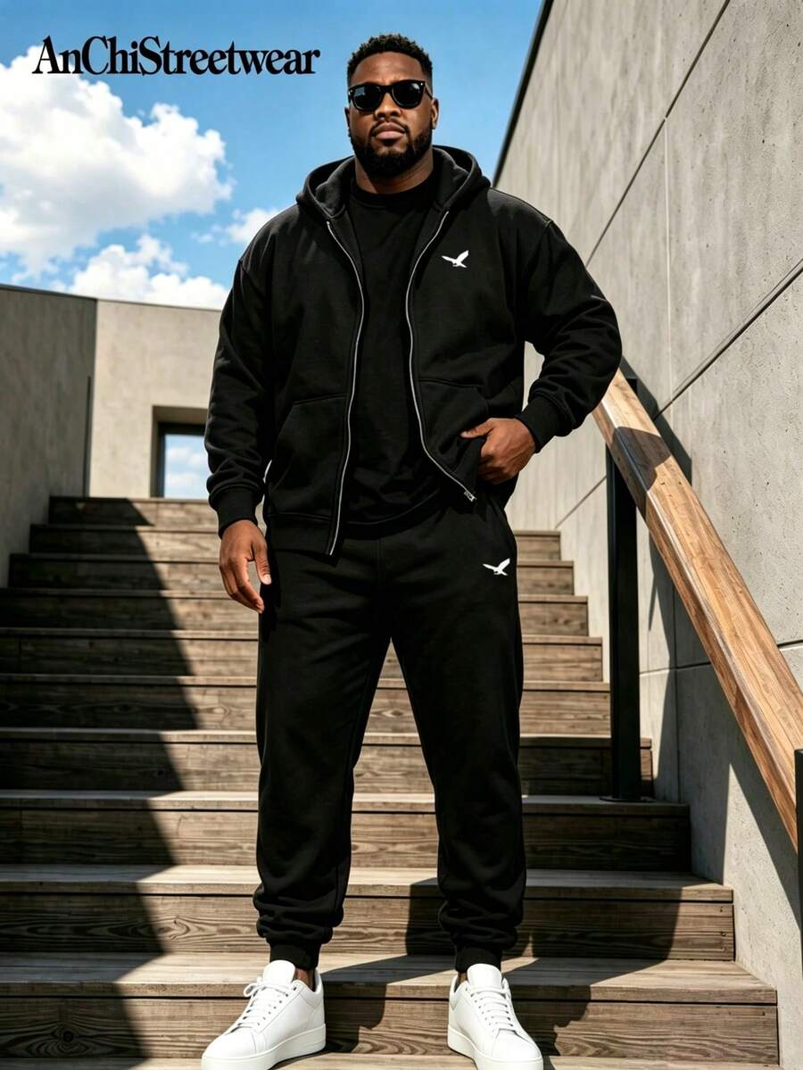 2pcs/Set Plus Size Men's Fashion Simple Eagle Pattern Casual Pocket Hoodie Sweatshirt With Drawstring Pants, Suitable For Spring, Autumn, Winter Outdoor, Streetwear, Daily Wear - Multicolor - View 1