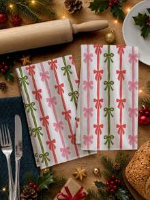 2pcs Christmas Red Green Pink Color Block Striped Bow Pattern Kitchen Towels, 40*60cm Soft Microfiber Tea Towels, Suitable For Home Kitchen Restaurant Outdoor Camping Tabletop Cleaning Dish Cloth Hand Towel Accessories, Christmas Theme Dining Kitchen Decor Fabric Wiping Towels, Holiday Gift Giving - Multicolor - View 8