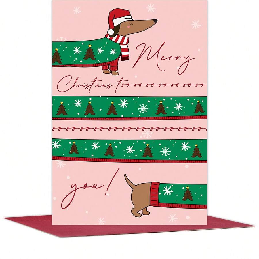 1pc Funny Dachshund Christmas Card With Envelope, Merry Christmas Greeting Card, Suitable For Friends And Family, Holiday Wishes Card, Holiday Celebration Card, Christmas Gift For Dog Lovers - A - View 1