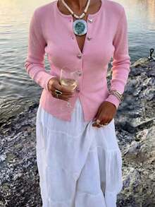 Live To Mo Women's Cute Pink Button Knit Cardigan, Elegant Casual Sweater, Suitable For Autumn Back To School, Commuting And Outings - Pink - View 7