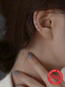 1 Pair S925 Sterling Silver Asymmetric Line Design Ear Cuffs For Women, Minimalist Fashion Cold Style Earrings, Daily Low-Key High-End Cool Elegant Versatile Party Commute Jewelry - Geometry - View 1