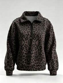Women's Autumn/Winter Thermal Lined Leopard Print American Minimalist Half-High Neck Zipper Sweatshirt, Fashionable Versatile Style Suitable For Casual Daily Wear Or College Style - Coffee Brown - View 6