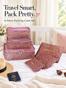 Waterproof Luggage Travel Storage Set 6pcs Floral Pattern, Colorful 6pcs Portable Zippered Travel Clothing Organizer, Oxford Cloth Simple Style For College Dorm Suitcase Interior (All Printed Letters Random) - Multicolor - View 5