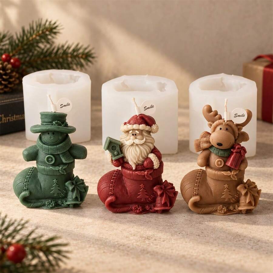 Christmas Stocking Candle Mold, 3D Silicone Mold With Santa Claus Snowman Reindeer Design For DIY Scented Candle Making, Christmas Home Decor And Handmade Gifts