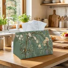 1pc Soft Green Floral Branch Pattern Tissue Box, Elegant Design Enhances Living Environment, Suitable For Daily Use And Special Occasions Like Holidays, Convenient Access - A - View 4