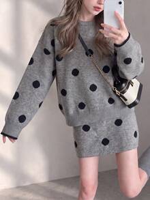 Women's Autumn/Winter Casual Minimalist Cute Polka Dot Pattern Loose Pullover & Skirt 2 Pieces Set - Grey - View 3