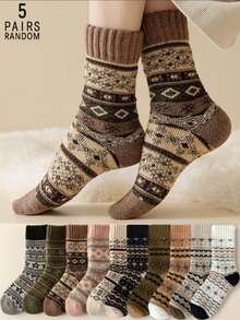 5 Pairs Random Women's Autumn/Winter Thickened Fleece Terry Retro Comfortable Warm Mid-Calf Socks - Multicolor - View 1