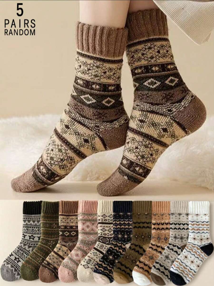 5 Pairs Random Women's Autumn/Winter Thickened Fleece Terry Retro Comfortable Warm Mid-Calf Socks - Multicolor - View 1