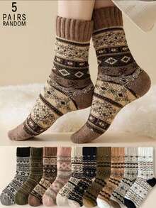 5 Pairs Random Women's Autumn/Winter Thickened Fleece Terry Retro Comfortable Warm Mid-Calf Socks - Multicolor - View 12