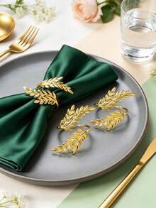 4-30pcs Metal Leaf Napkin Rings, Wheat Ear Napkin Holders, Table Decor Suitable For Wedding, Christmas, Party, Banquet, Dinner - Gold - View 8