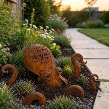 Flat Natural Rust Vintage Style 5pcs Metal Octopus Outdoor Ground Stake Decor, Distressed Hollow Design, Holiday Beach Vacation Style Creative Outdoor Decoration Gift - Octopus - View 2
