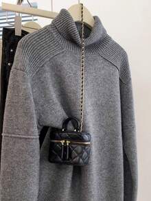 Minimalist Fashion Women's Knitted Turtleneck Sweater, Long Sleeve Ribbed Patchwork Textured Detail Pullover, Suitable For Cold Weather, Wool Blend - Grey - View 3