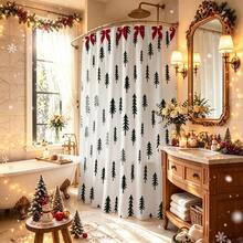 1pc Christmas Tree Bow Shower Curtain, Vintage Design, Waterproof Bath Curtain, Suitable For Bathtub Partition, Bathroom Decor And Bathroom Accessories, Home Decor Gift, Includes 12 Hooks - Multicolor - View 2