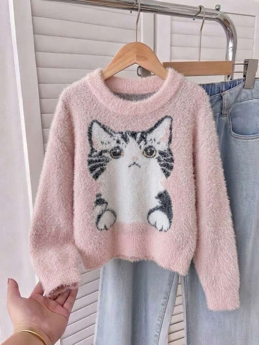 Tween Girls Cute Cat Round Neck Short Knit Sweater Long Sleeve Pullover Top Suitable For Casual Wear In Spring Autumn Winter - Pink - View 1