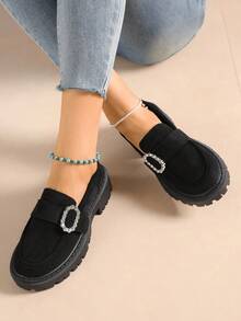 New Women's Rhinestone Decorated Suede Solid Color Retro Loafers Thick Platform Serrated Sole Slip-On Wedge Pumps Fashion Versatile - Black - View 4