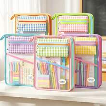 HUAJIE L-Shaped Wide Opening Mesh File Storage Bag With Detachable Plaid Pen Pouch, Large Capacity A4 Paper Document Organizer Tote Bag For Students, School And Office Stationery Storage - Single Piece - View 16