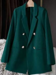 Spring/Summer Women's Solid Color Long Sleeve Double-Breasted Blazer, Notched Lapel | Suitable For Dates, Parties, Outings And Holiday Celebrations - Peacock Green - View 6