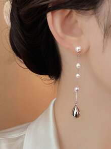 1 Pair Silver Water Drop Pearl Long Tassel Earrings, Fashionable Exquisite Unique Design, Niche Versatile High-End - Silver - View 4