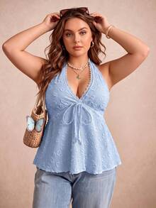 Rusttydustty Plus Size Women's Blue Lace Sexy Versatile Date & Outing Halter Top, Summer Style - Baby Blue - View 2