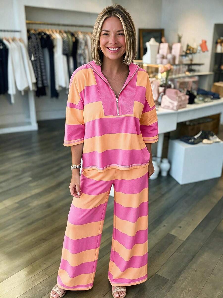 Acelitt Women's Rose Red & Orange Wide Stripe Half-Zip 3/4 Sleeve Top And Wide Leg Pants Loungewear Set - Multicolor - View 1
