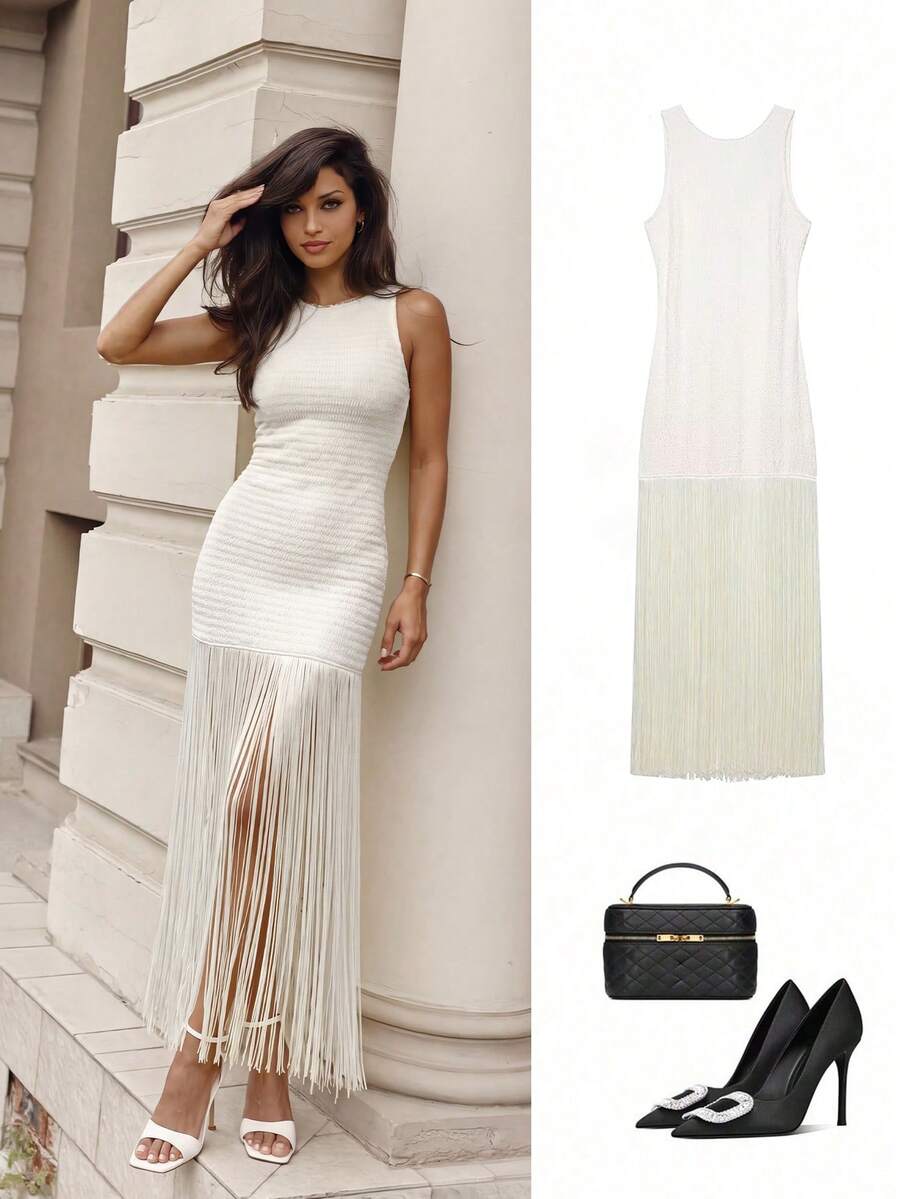 Women's Fashionable Vacation Style Casual Fitted Tassel Dress, Suitable For Autumn/Spring & Summer Elegant - Apricot - View 1