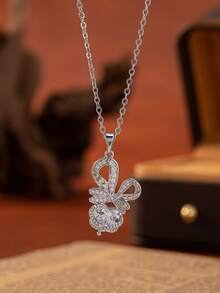 1pc Elegant Luxury Copper Inlaid Artificial Zirconia Bow Heart Pendant Necklace, Stainless Steel Chain For Women Daily Wedding Party Jewelry Gift - Multicolor - View 1