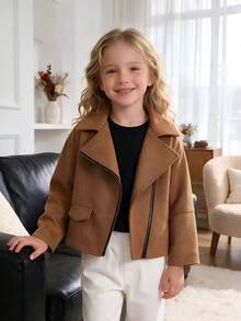 Young Girls Autumn/Winter Diagonal Zipper Loose Collar Short Jacket Casual Outerwear - Brown - View 2