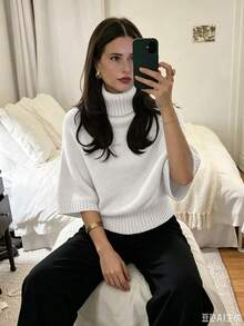 女款休閒秋冬純白色高領蝙蝠袖針織上衣，收腰紋理設計，日常通勤辦公套頭衫 - 白色 - 查看 6