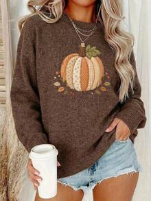 Women's Casual Round Neck Faux Wool Sweater (Autumn/Winter) - Leopard Print Christmas Tree & Letter Pattern Design - Dark Ochre - View 5