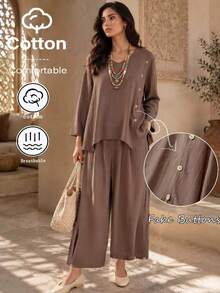 Autumn Women's Vintage Elegant Minimalist Casual College V-Neck Side Button Asymmetrical Hem Loose Long Sleeve Top Wide Leg Wooden Button Pants Two Pieces Set, Commute Office School Tea Party Button Decor Asymmetrical Hem Design Top Wide Leg Pants Long Sleeve Set, Holiday Vacation Outing Versatile Two Pieces Set, Brown, Classic, All-Match, Country, Vacation, Casual Sets For Women - Brown - View 5