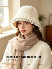 Women's Lace Trim Knitted Bucket Hat, Vintage Ruffle Edge Basin Hat, Soft Warm Woolen Cap For Autumn/Winter, Daily Outing Atmosphere Hat, 3 Colors Available - Multicolor - View 10