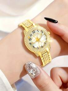 Gold-Tone Full Rhinestone Floral Dial Women's Quartz Watch Set, Rhinestone Bracelet, Necklace, Ring, Stud Earrings Fashion Jewelry Set, Suitable For Daily Commute, Party, Evening Wear, Valentine's Day, Mother's Day, Birthday Gift - Gold - View 2