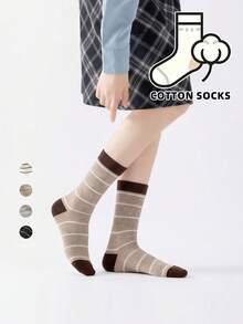 1/4 Pair Solid Color Striped Sports Casual Mid-Calf Socks, Autumn/Winter Style, Unisex, Comfortable For Daily Wear, Travel, Indoor And Home, Soft Breathable Cotton Socks - Multicolor - View 2