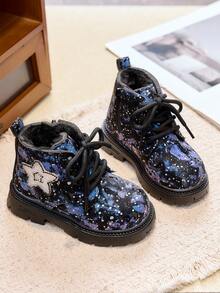 Sepatu Boot Anak Perempuan Motif Langit Berbintang dengan Lapisan Fleece Tebal, Ritsleting Samping, Sol Lembut Anti-Selip, Sepatu Boot Pergelangan Kaki Hangat untuk Bayi Musim Gugur/Dingin - Biru - View 4