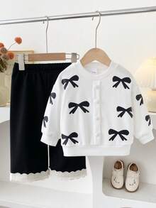 Autumn/Winter Baby Girl Cute Loose Bow Print Top & Ruffle Wide Leg Pants 2-Pieces Set, Stylish Casual Versatile For Outings - Black and White - View 1