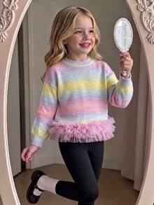 Girls' Cute Gradient Color Ruffle Knit Pullover Sweater, Suitable For Vacation, Daily Wear, Spring, Autumn, Winter - Pink - View 1