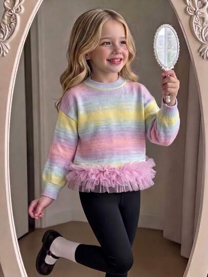 Girls' Cute Gradient Color Ruffle Knit Pullover Sweater, Suitable For Vacation, Daily Wear, Spring, Autumn, Winter