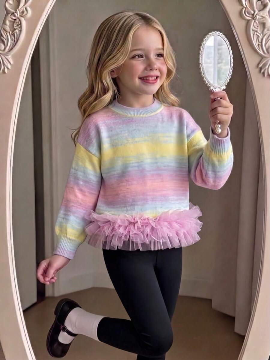 Girls' Cute Gradient Color Ruffle Knit Pullover Sweater, Suitable For Vacation, Daily Wear, Spring, Autumn, Winter - Pink - View 1