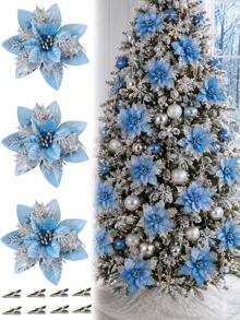 Christmas Artificial Glitter Red Poinsettia, Blue Christmas Tree Decor With Stem, Suitable For Christmas Tree Hanging, Wreath DIY Crafts, Bouquets, Wedding Party Decoration - Blue Silver - View 1