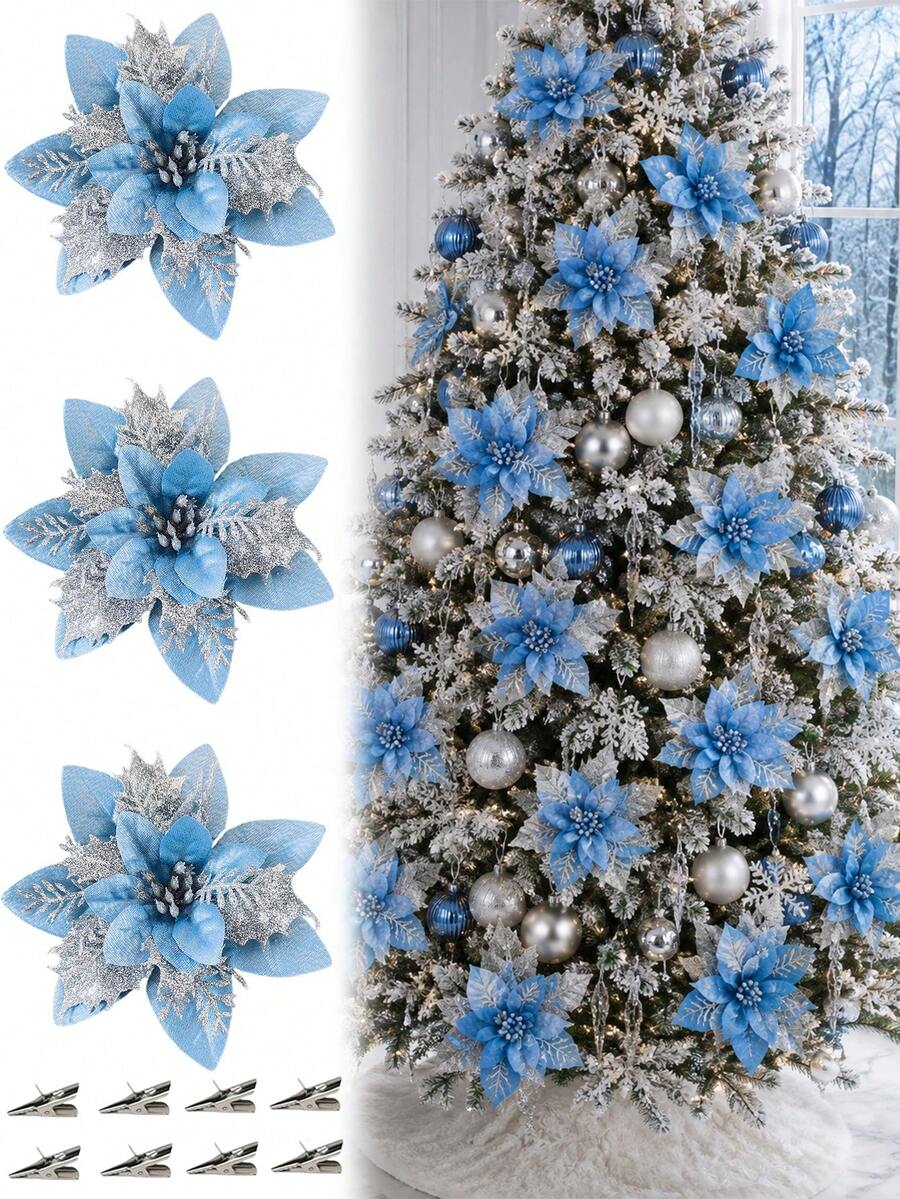 Christmas Artificial Glitter Red Poinsettia, Blue Christmas Tree Decor With Stem, Suitable For Christmas Tree Hanging, Wreath DIY Crafts, Bouquets, Wedding Party Decoration - Blue Silver - View 1