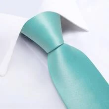 Men's Wedding Banquet Tie 4-Piece Set, Teal Solid Color Pocket Square, Cufflinks, Silver Tie Clip, Suit Accessories - Baby Blue - View 4
