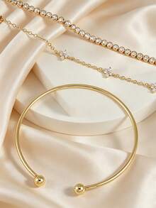 3pcs Inlaid Cubic Zirconia Four-Leaf Clover Tennis Chain Bracelet Set, Suitable For Women Daily Wear, Dating, Party, Gathering Layering Matching - Yellow Gold - View 4