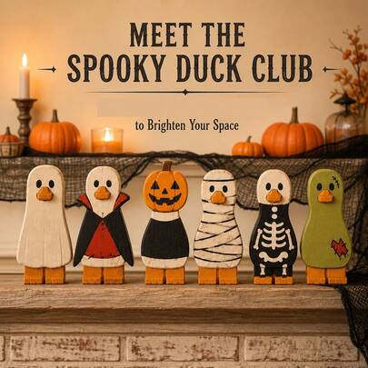 1 Set 6pcs 8-Inch Solid Wood Halloween Duck Figurines, 1cm Thick Premium Painted Desktop Decor. Ghost, Vampire, Pumpkin, Mummy, Skeleton, Zombie. Rustic Distressed Finish, Sturdy Self-Standing Base, Suitable For Tiered Trays, Coffee Bars, Office Desks And Holiday Gifts