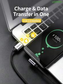 UGREEN US284 USB-A To Type-C Data Cable, 90-Degree Right Angle, 3A Fast Charging, USB 2.0 High-Speed Data Transfer, Braided Cable, For Phone Gaming, Charging, And File Transfer - Dark Grey - View 3