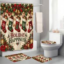 1pc/4pcs Christmas Stocking Pattern Multi-Functional Bathroom Decor Shower Curtain Set Free 12 Hooks Premium Holiday Atmosphere Bathroom Mat U-Shaped Floor Mat And Round Toilet Lid Cover Suitable For All Scenes Decoration Bathroom Set - Christmas Stockings - View 9