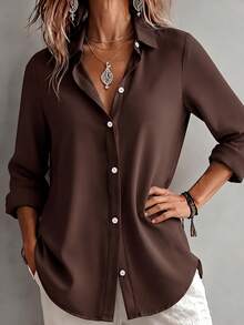 Christmas Vintage Casual Fashion Solid Color Women's Lightweight Button Long Sleeve Blouse Open Front Coffee Brown Top - Coffee - View 4